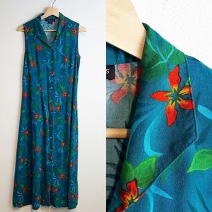 Tropical Flowers Button Up Midi Dress Size Large